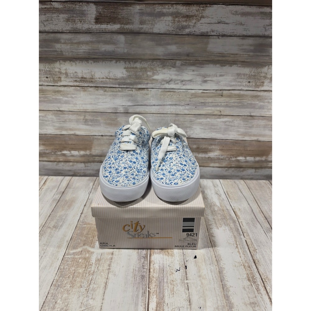 City Sneaks Womens Blue White Floral Canvas Slip On Mule Sneakers 9421 Size 8